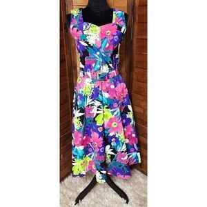 Vintage New Looks Pink & Purple Bright Floral Belted Dress With Jacket Size 8